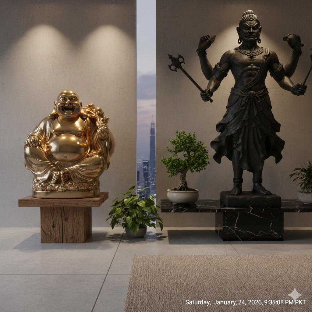 The Enigmatic Presence: Brass Smile Buddha and the Big Black God Sculpture